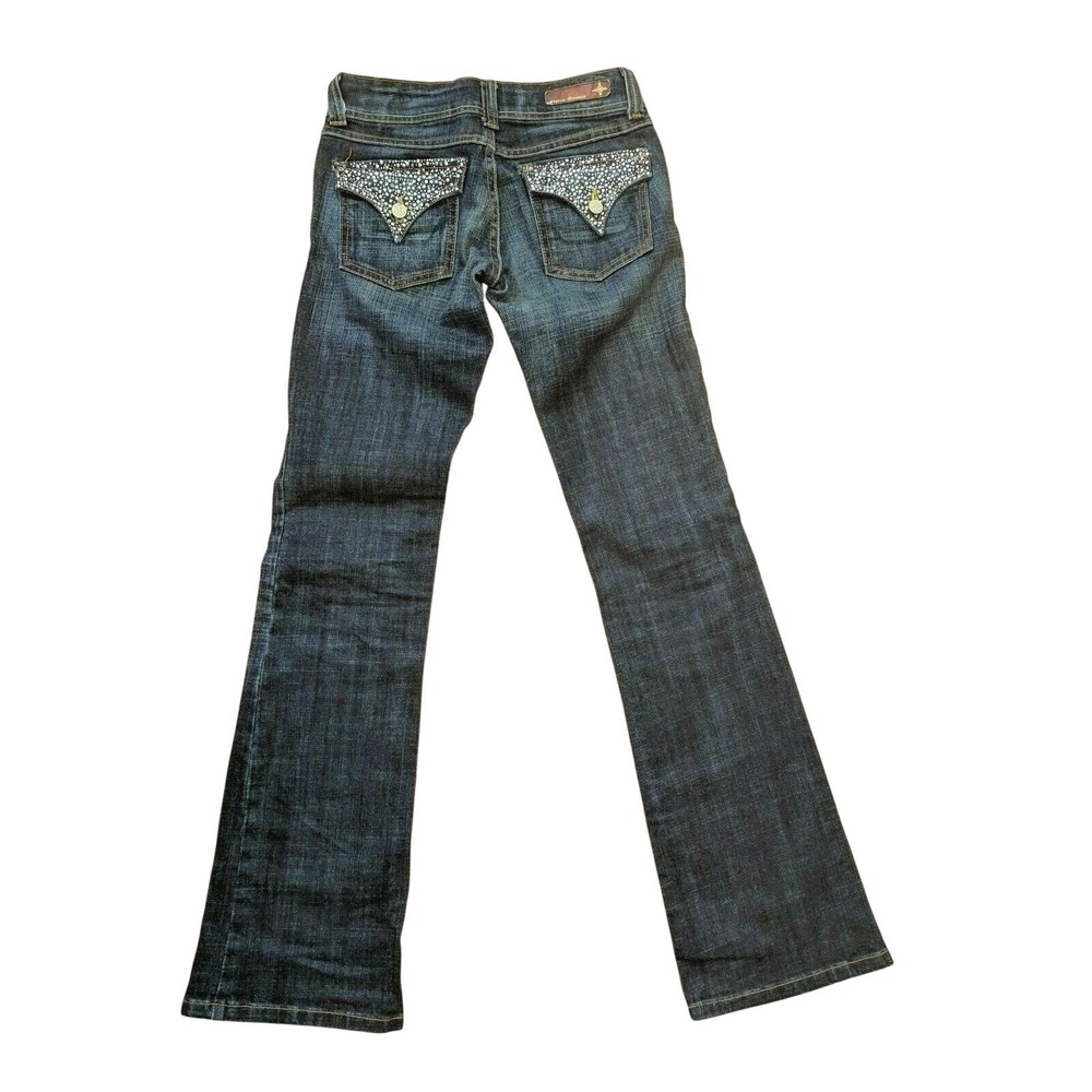 VTG Y2k Flying Monkey Jean Low Rise Flare‎ Embellished Pockets Dark Wash Denim 8